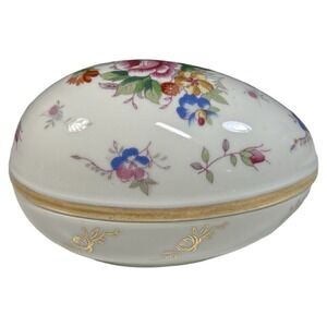 Vintage Porcelain Egg Shaped Trinket Box Candy Dish Floral Gold Trim